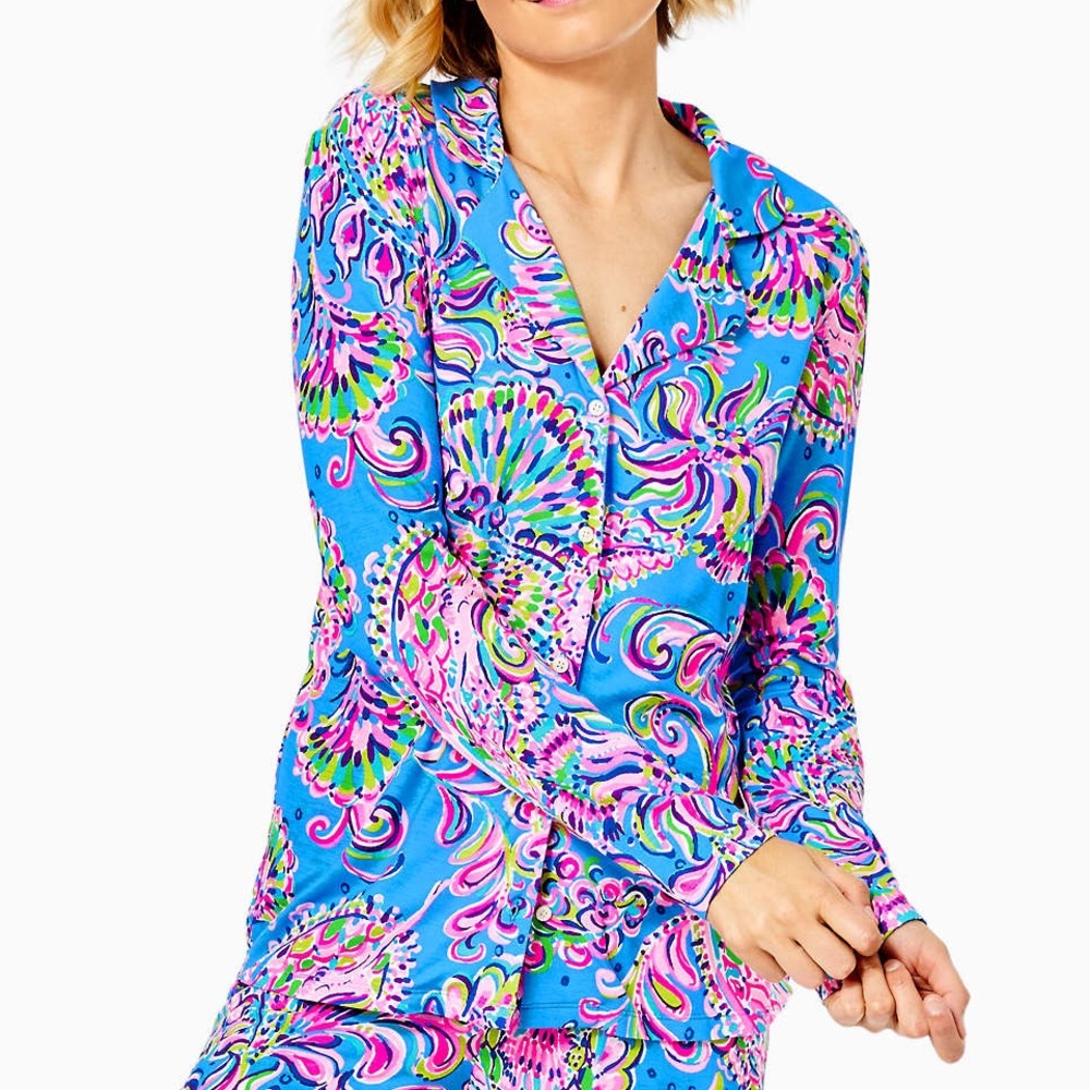 Pj knit ls button up multi mermaid grotto